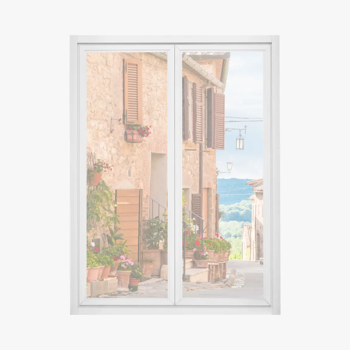 Window decal medieval street in Tuscany with flower pots • Wallissimo® Window decal medieval street in Tuscany with flower pots • Wallissimo®
