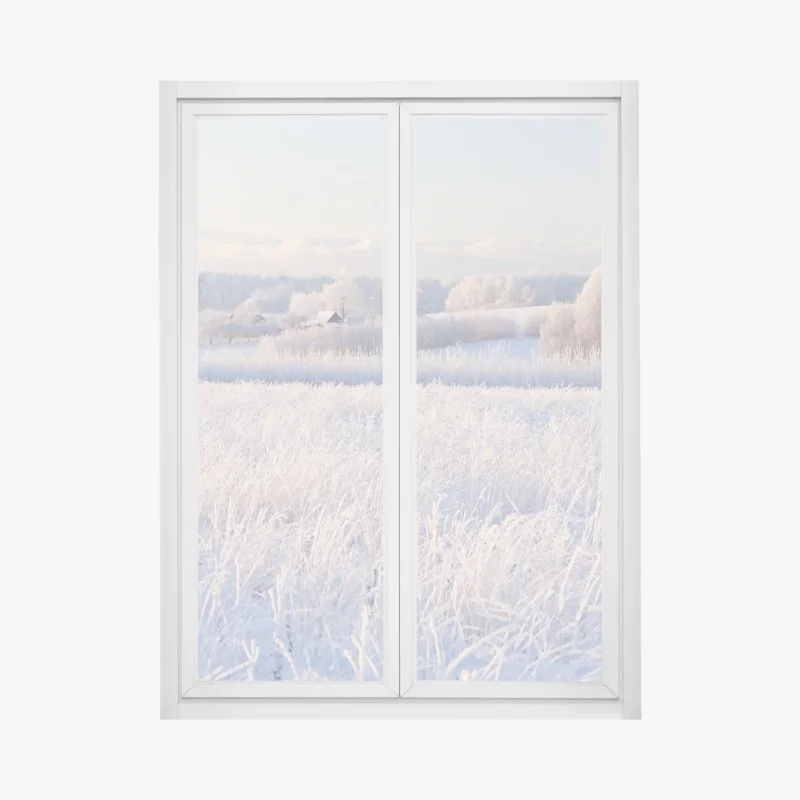 Window decal frosted winter meadow at dawn