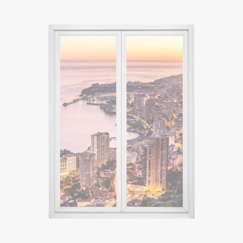 Window decal sunset cityscape over coastal skyline