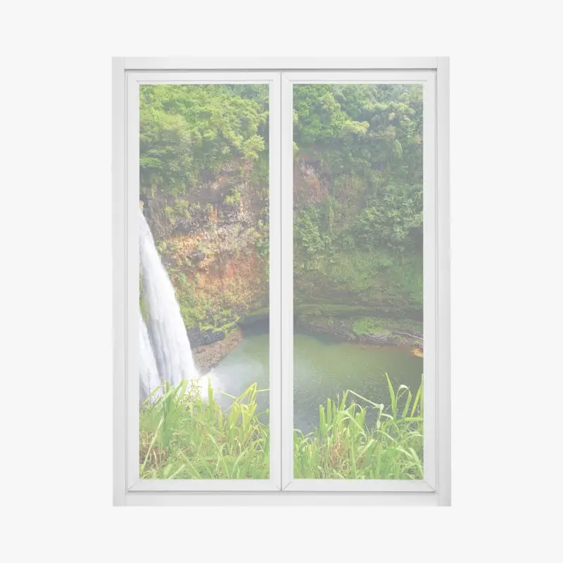 Window decal double waterfall in lush green forest