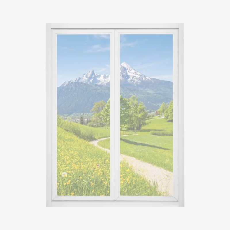 Window decal alpine spring meadow with snow-capped peaks