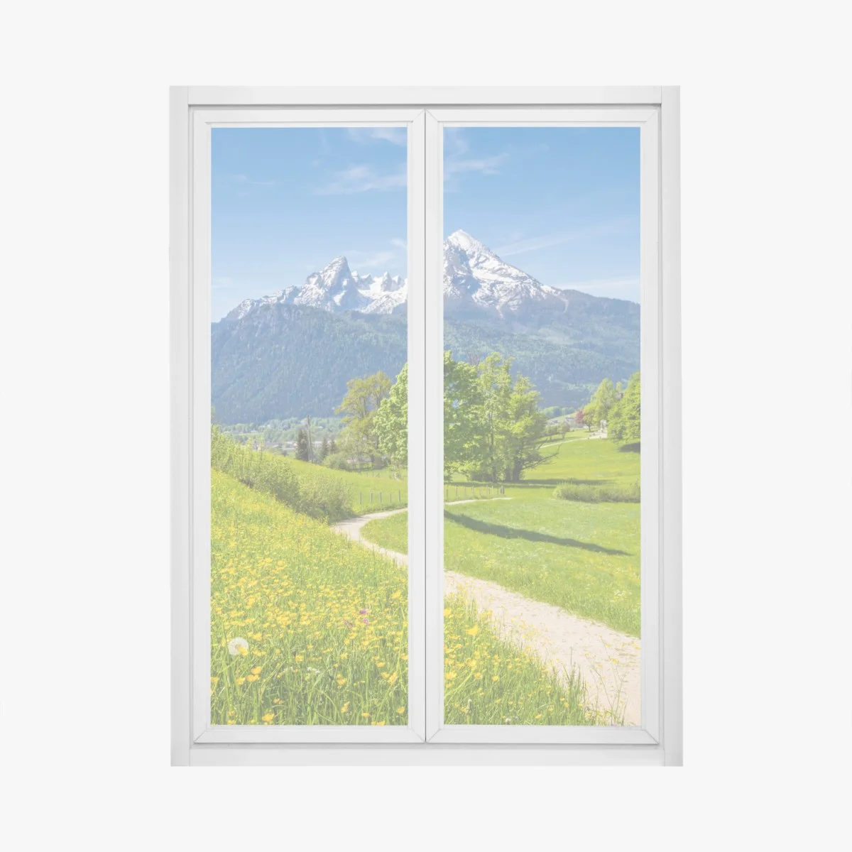 Window decal alpine spring meadow with snow-capped peaks • Wallissimo® Window decal alpine spring meadow with snow-capped peaks • Wallissimo®