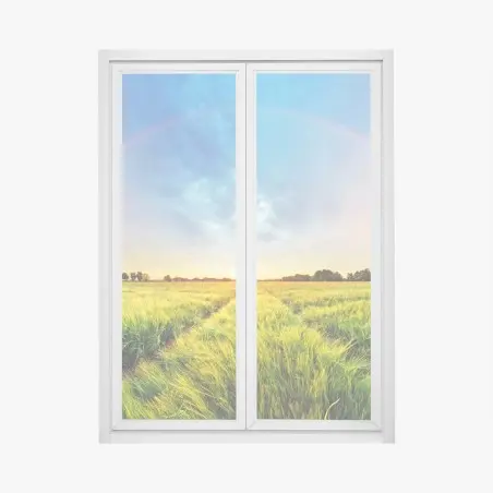 Window decal rainbow over golden wheat field at sunset • Wallissimo®