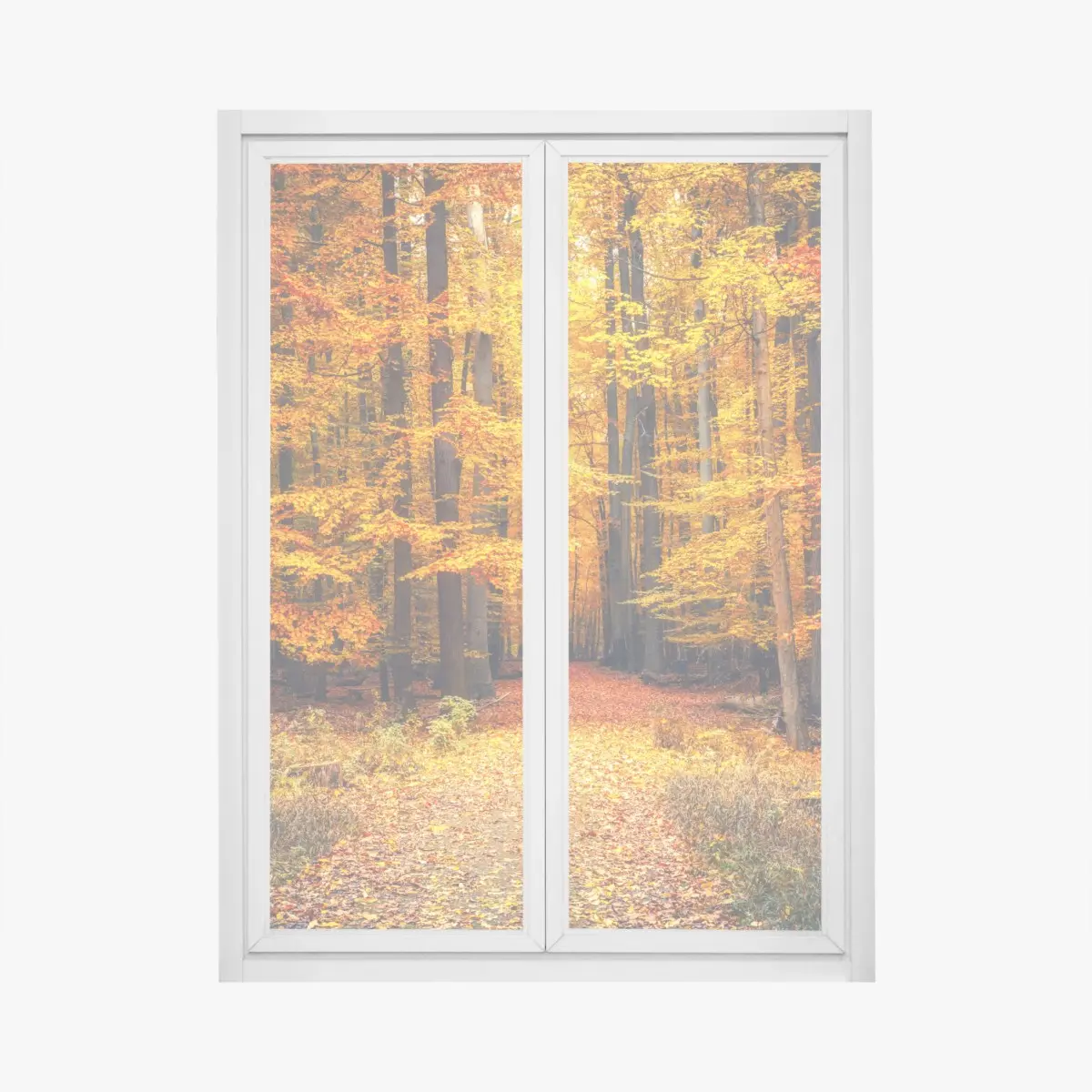 Window decal autumn forest pathway with golden leaves • Wallissimo® Window decal autumn forest pathway with golden leaves • Wallissimo®