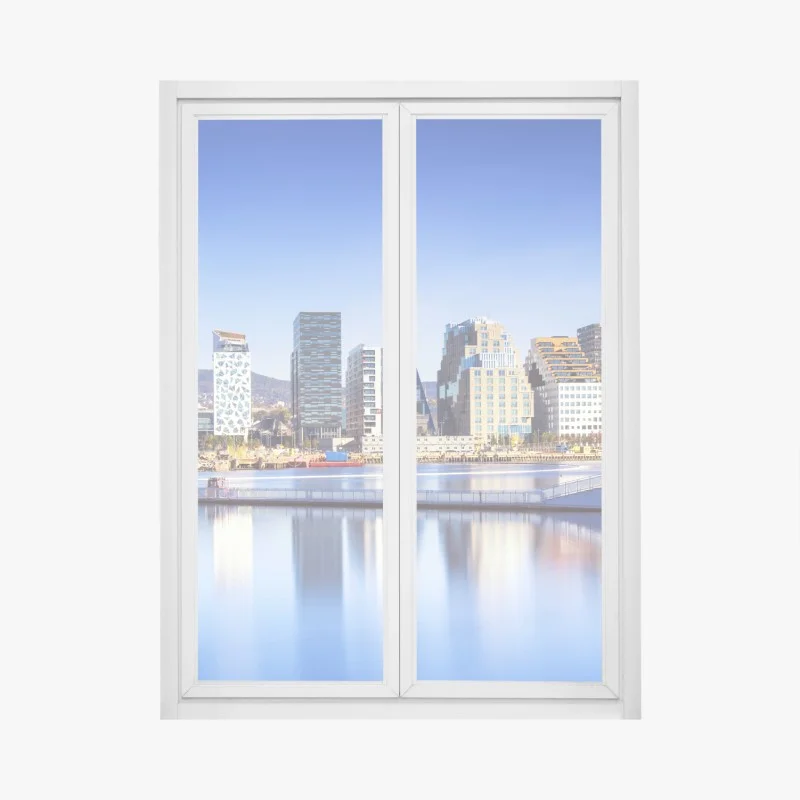 Window decal modern waterfront skyline reflections