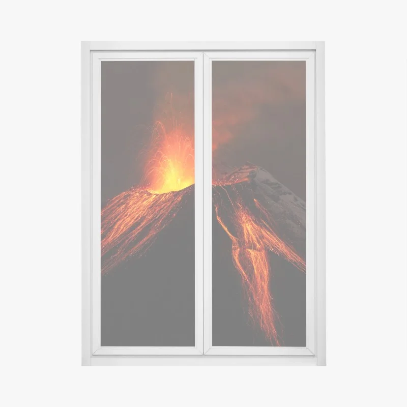 Window decal molten volcano eruption at night