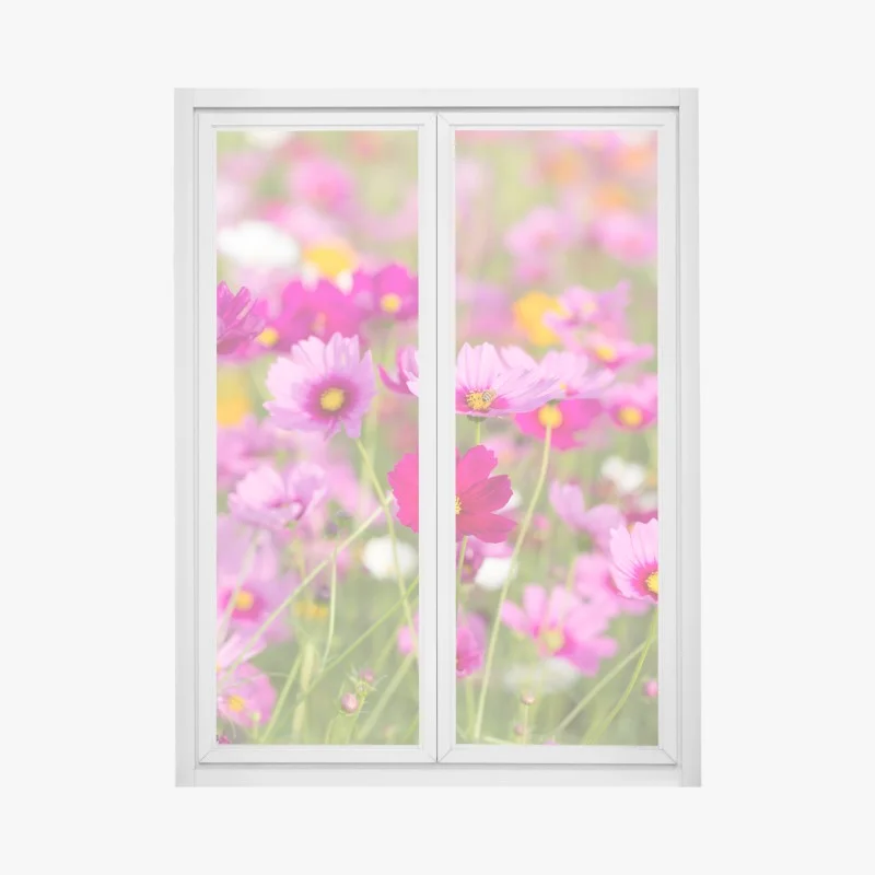 Window decal pink cosmos meadow in bloom