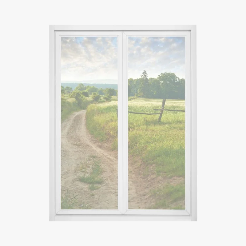 Window decal sunlit country lane through green meadows