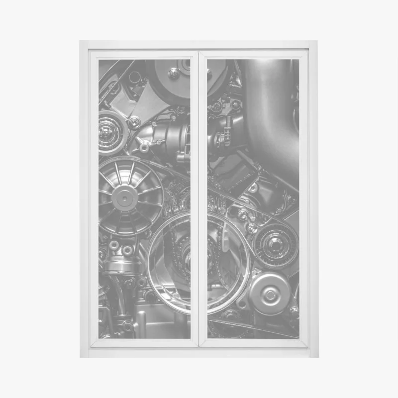 Window decal precision engine mechanics close-up