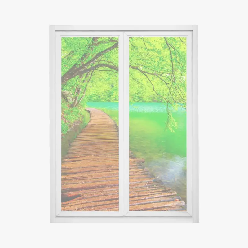 Window decal serene green lake boardwalk