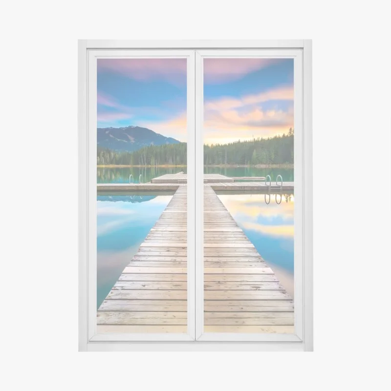 Window decal serene mountain lake at sunset