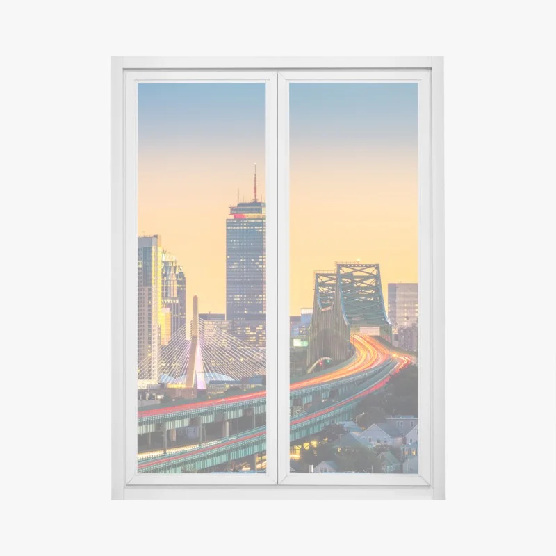 Window decal Boston skyline at sunset with Zakim and Tobin bridges