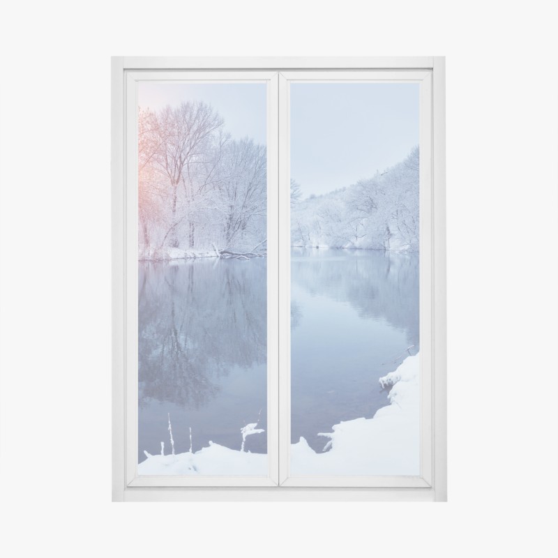 Window decal serene winter river at sunset