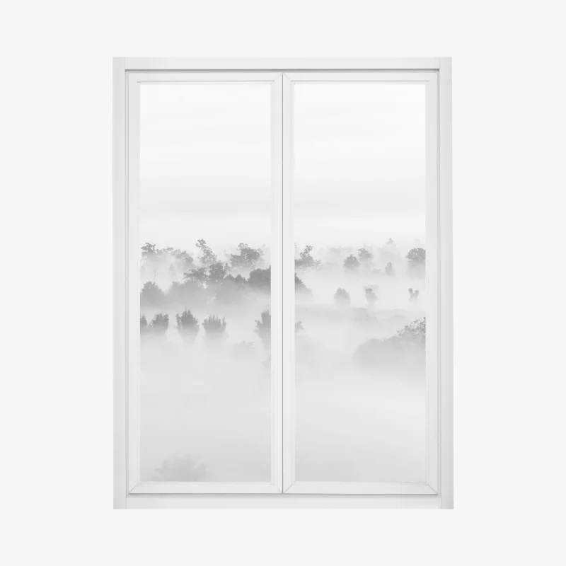 Window decal mist-covered forest in monochrome
