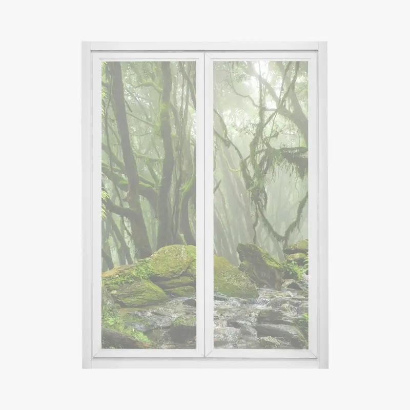 Window decal mossy forest stream in morning mist