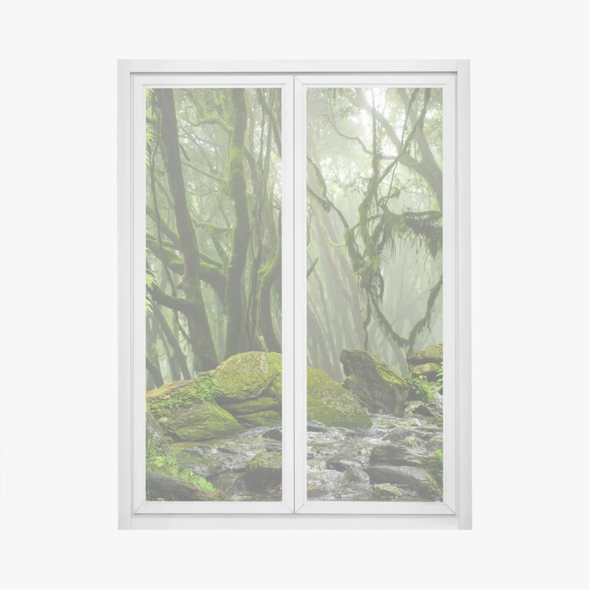 Window decal mossy forest stream in morning mist • Wallissimo® Window decal mossy forest stream in morning mist • Wallissimo®