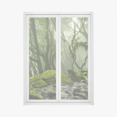 Window decal mossy forest stream in morning mist • Wallissimo®