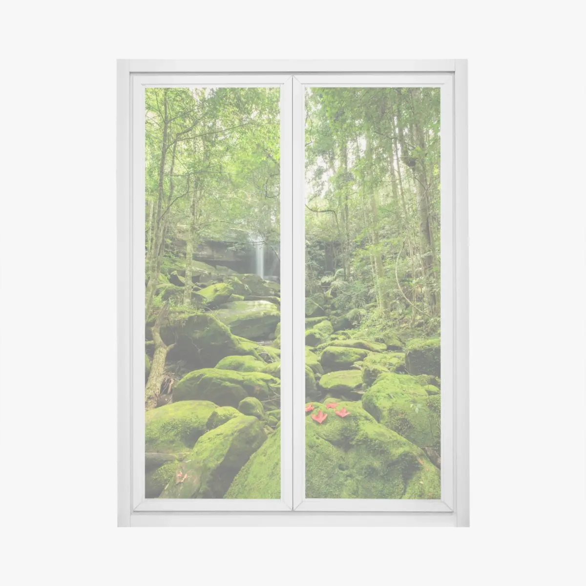 Window decal lush mossy waterfall in tropical forest • Wallissimo® Window decal lush mossy waterfall in tropical forest • Wallissimo®