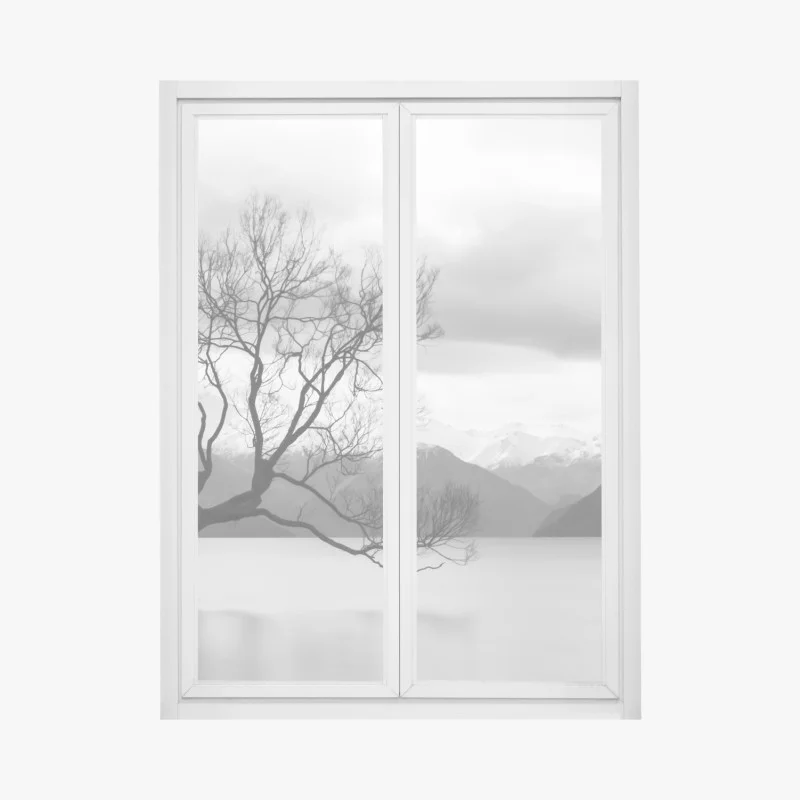 Window decal solitary tree in a misty lake