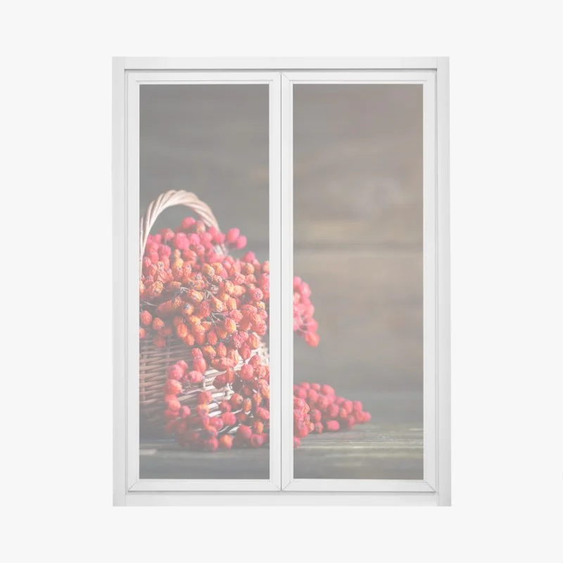Window decal autumn rowan berries in wicker basket