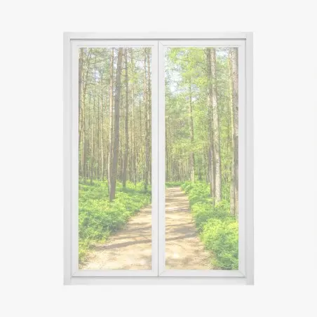 Window decal sunlit forest path through green pines • Wallissimo®