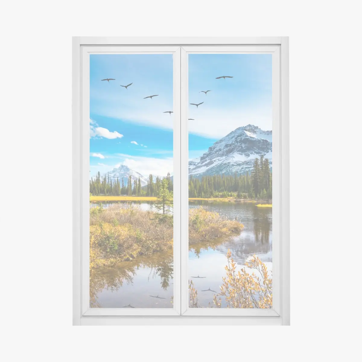 Window decal autumn mountain lake with birds • Wallissimo® Window decal autumn mountain lake with birds • Wallissimo®