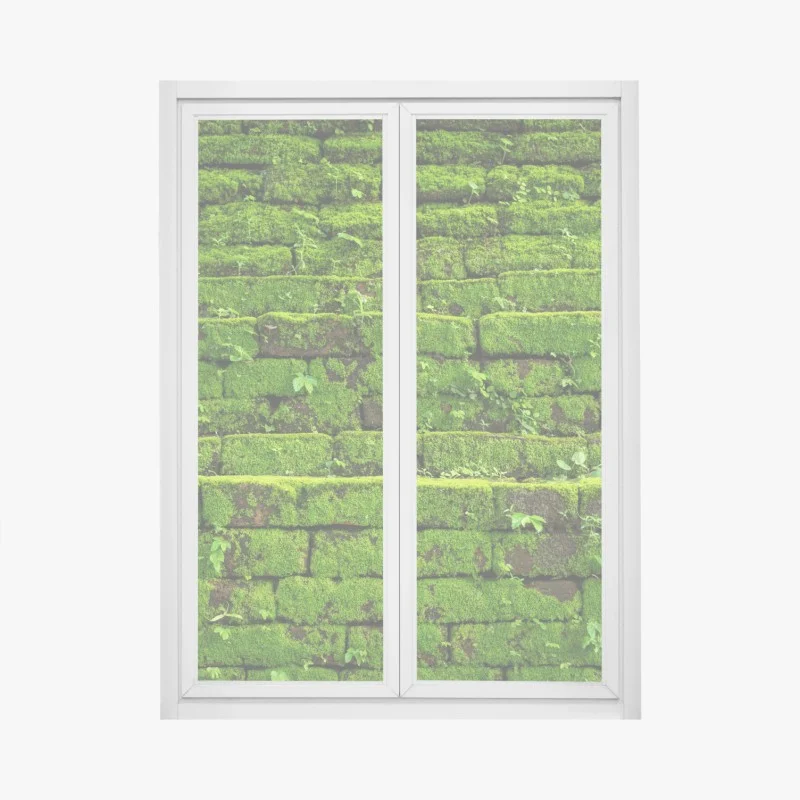 Window decal lush moss-covered brick wall