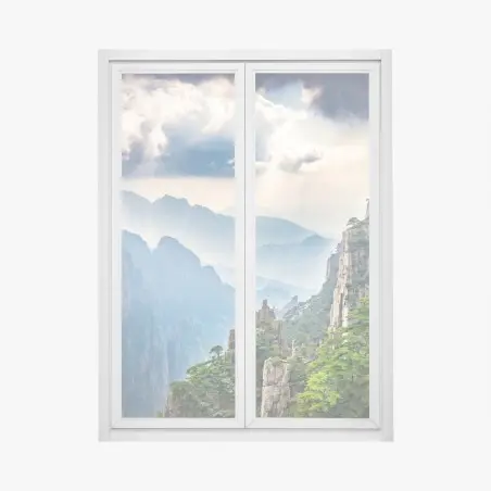 Window decal misty mountain cliffs with sunrays • Wallissimo®