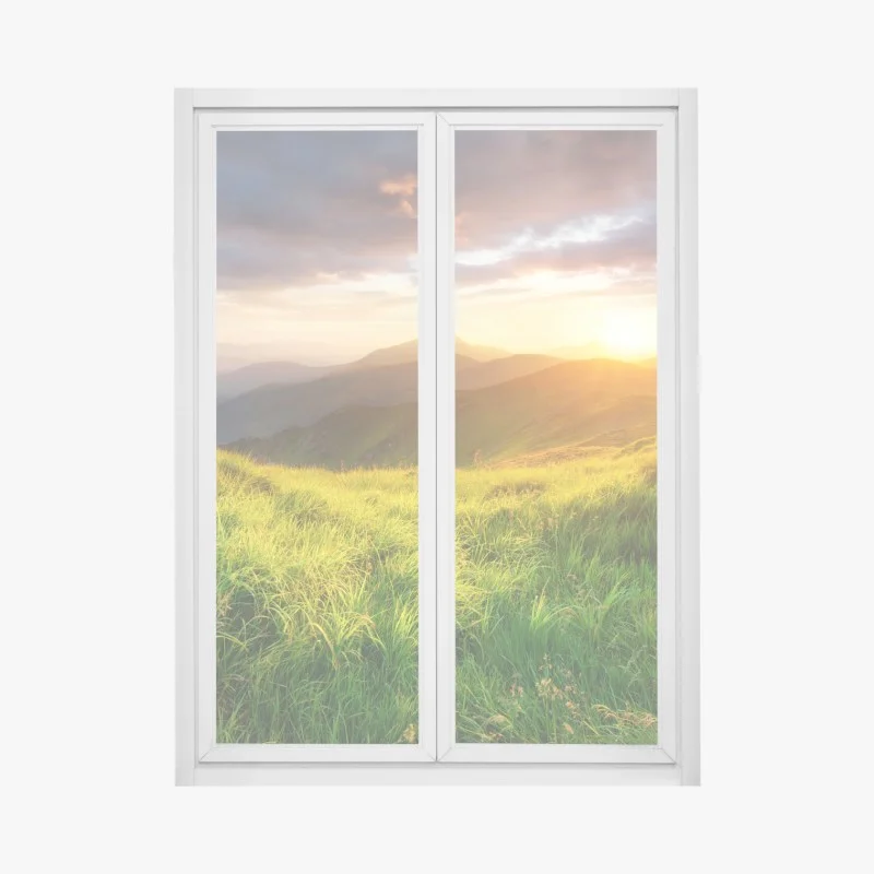 Window decal sunlit mountain meadow at sunrise