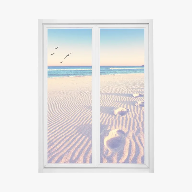 Window decal magic footprints on a summer beach