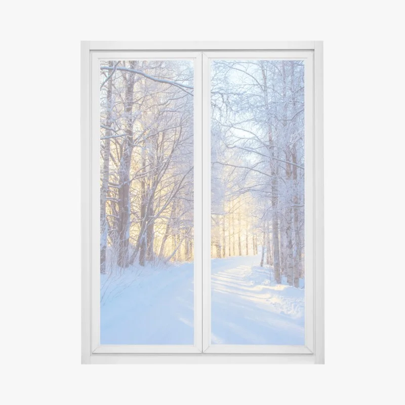 Window decal winter birch forest pathway at sunrise