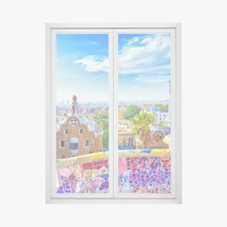 Window decal vibrant Barcelona Park Güell mosaic skyline • Wallissimo®
