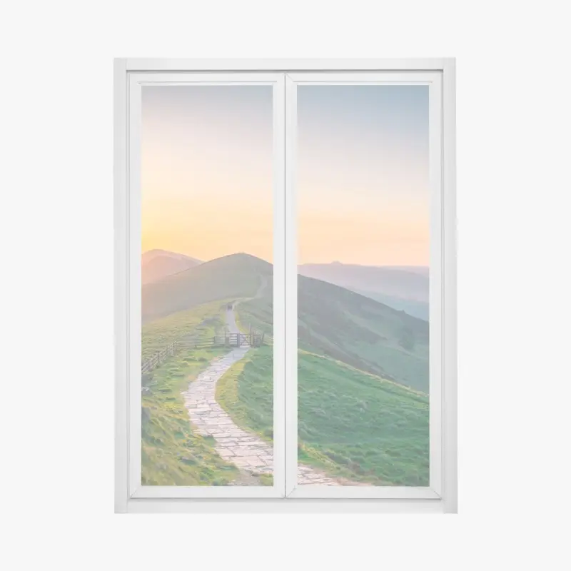 Window decal sunrise ridge path over rolling hills