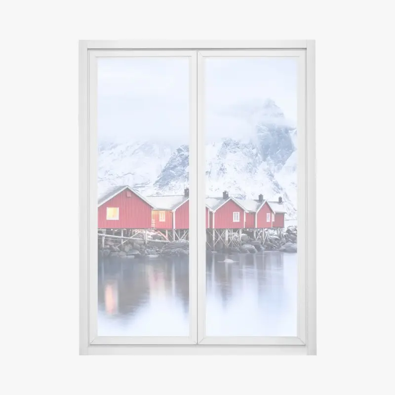 Window decal sunrise over Lofoten red cabins