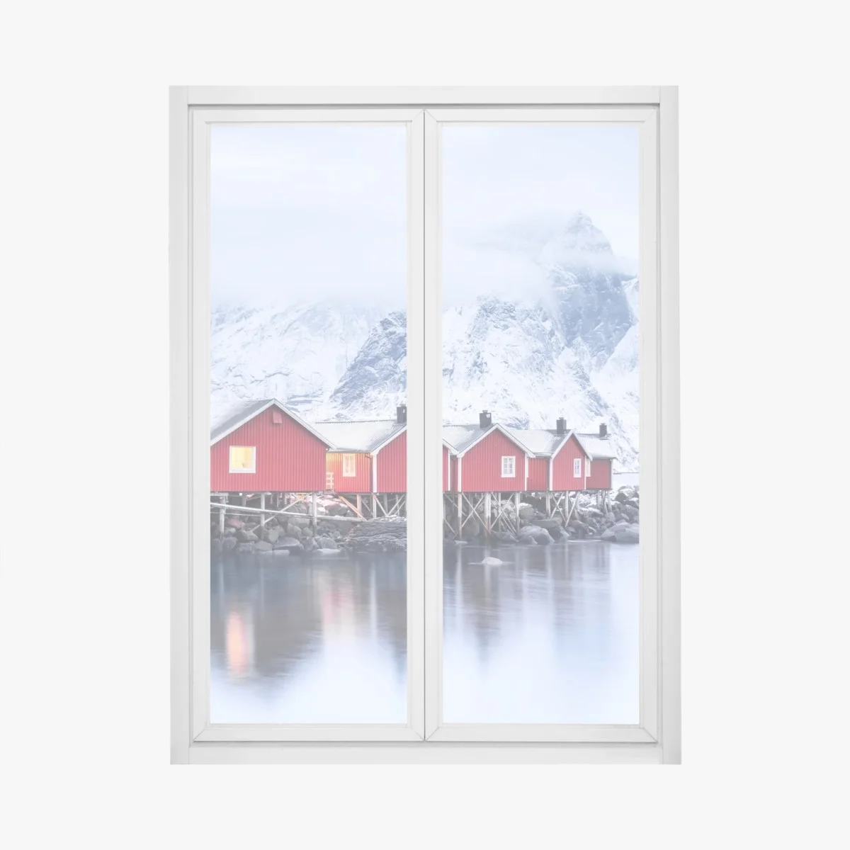 Window decal sunrise over Lofoten red cabins • Wallissimo® Window decal sunrise over Lofoten red cabins • Wallissimo®