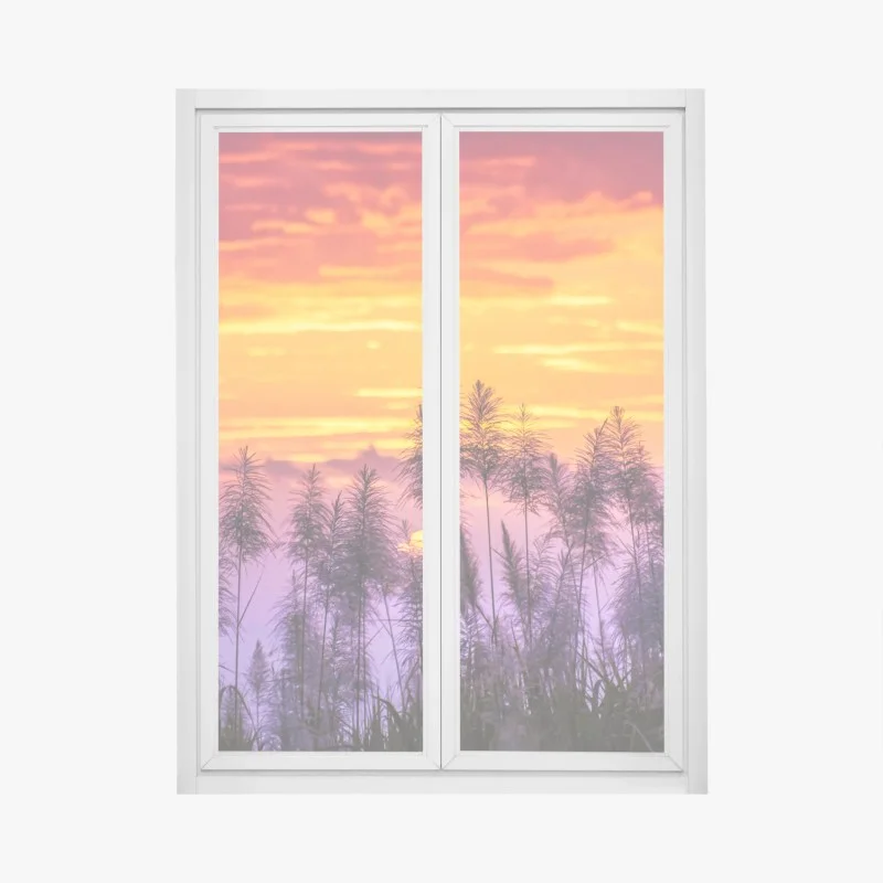 Window decal golden sunset over wild grasses