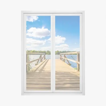 Window decal sunlit lakeside dock at midday • Wallissimo®