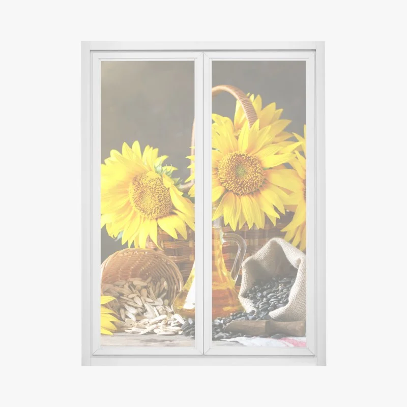 Window decal bright sunflower still life with seeds and oil