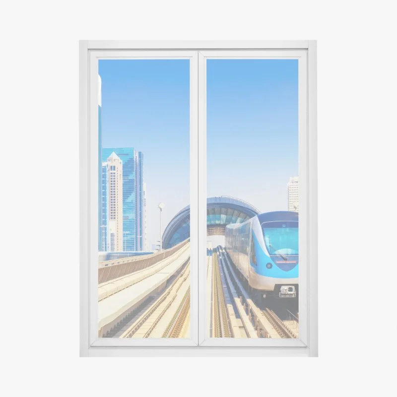 Window decal urban metro train in sunlight