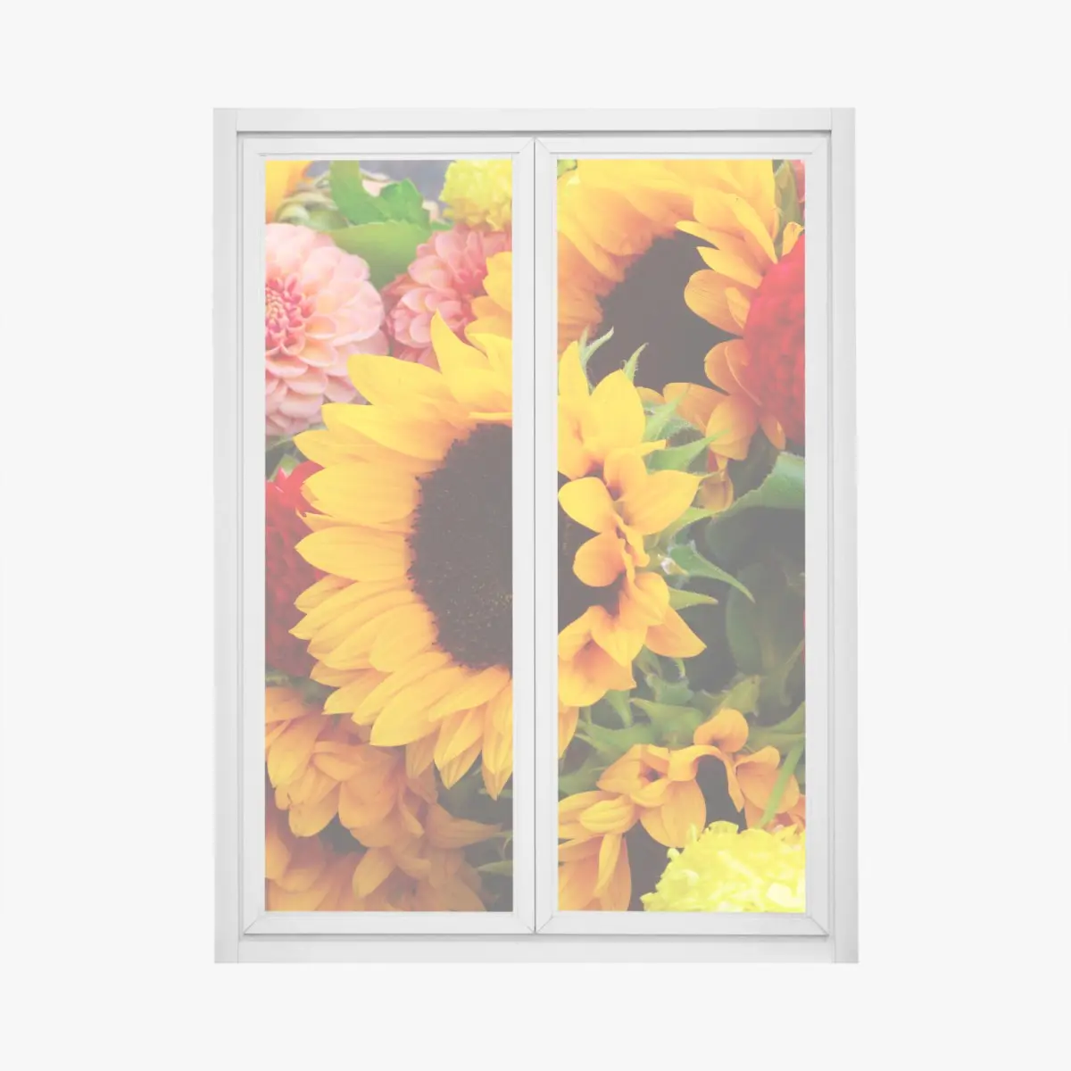 Window decal sunflower and dahlia bouquet close-up • Wallissimo® Window decal sunflower and dahlia bouquet close-up • Wallissimo®