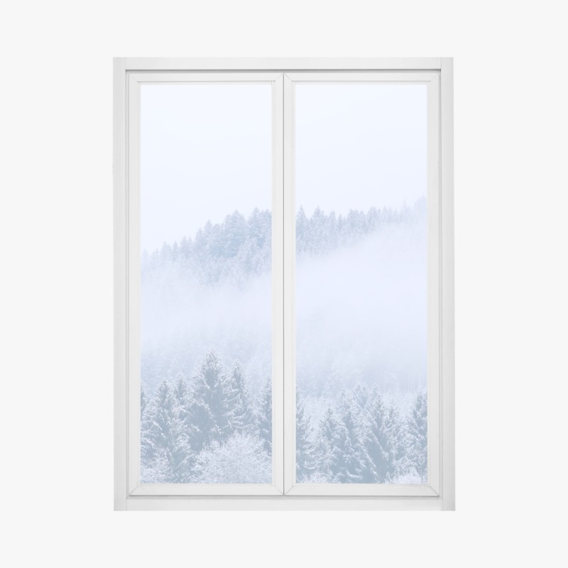 Window decal winter mist over coniferous forest