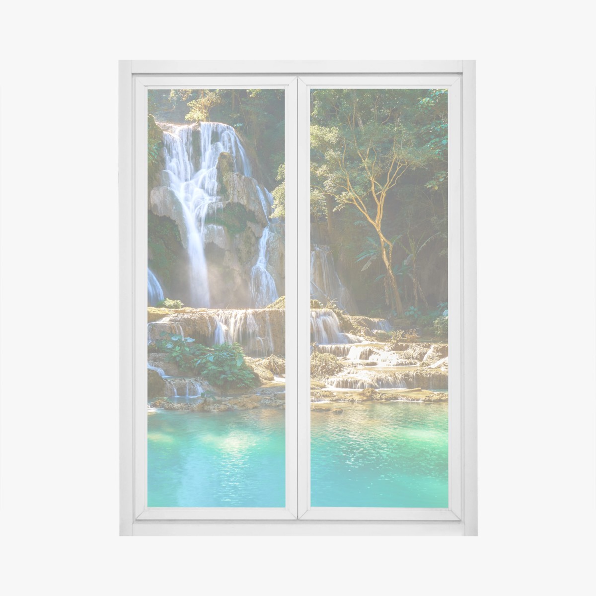 Window decal turquoise waterfall in lush forest • Wallissimo® Window decal turquoise waterfall in lush forest • Wallissimo®