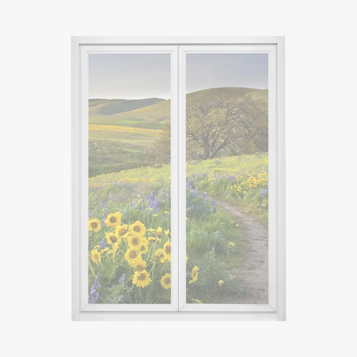 Window decal meadow path with yellow wildflowers and oak tree • Wallissimo® Window decal meadow path with yellow wildflowers and oak tree • Wallissimo®