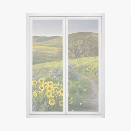 Window decal meadow path with yellow wildflowers and oak tree • Wallissimo®