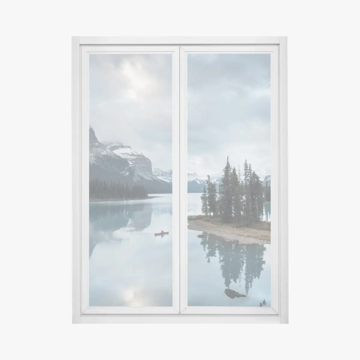 Window decal tranquil alpine lake with island and canoe • Wallissimo® Window decal tranquil alpine lake with island and canoe • Wallissimo®