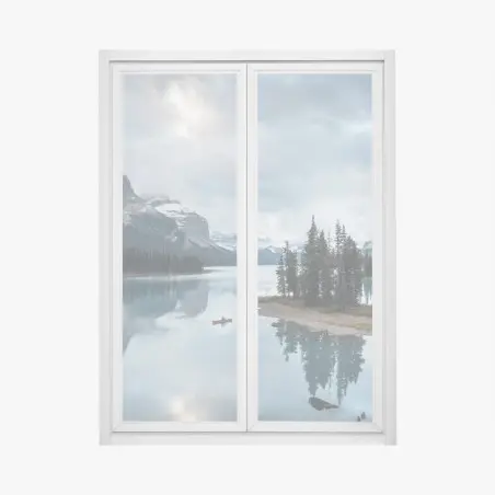 Window decal tranquil alpine lake with island and canoe • Wallissimo®