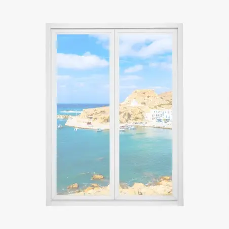 Window decal sunlit Finiki harbor, Karpathos coast • Wallissimo®