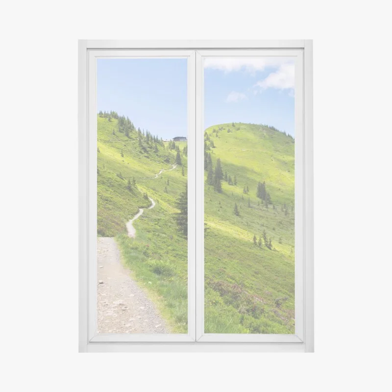 Window decal sunlit mountain trail through green meadow