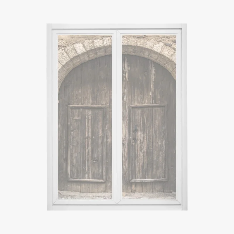 Window decal rustic wooden door with stone arch