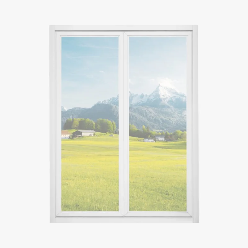 Window decal alpine meadow beneath snowcapped peaks